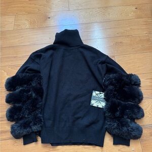 Black Turtlenecks Sweater with Faux Fur Sleeves